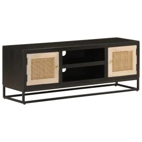 Solid mango wood and black iron TV cabinet 110x30x40 cm by , CD and DVD storage - Ref: Foro24-372002, Price: 140,43 €, Discou...