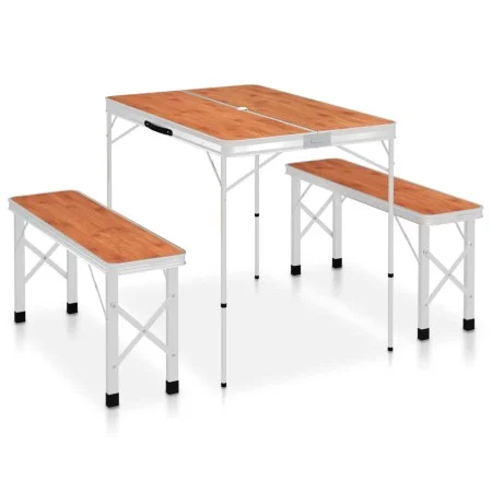 Folding camping table with 2 brown aluminum benches by vidaXL, camping furniture - Ref: Foro24-48182, Price: 100,37 €, Discou...