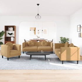Brown velvet 3-piece sofa set with cushions by , Sofas - Ref: Foro24-3209256, Price: 761,31 €, Discount: %