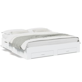 White engineered wood bed frame with drawers 200x200 cm by , Beds and slatted bases - Ref: Foro24-3280356, Price: 243,72 €, D...