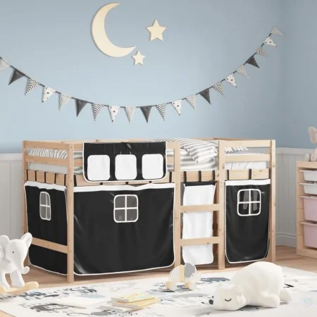 Hochbett für Kinder mit Vorhängen aus schwarz-weißem Kiefernholz, 90 x 190 cm von , Betten und Lattenroste - Ref: Foro24-3283...