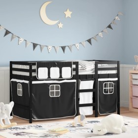 Cama alta niños con cortinas madera pino blanco negro 90x190 cm de , Camas y somieres - Ref: Foro24-3283832, Precio: 199,80 €...