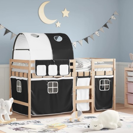 Kinderhochbett mit schwarz-weißem Kiefernholztunnel 90x190 cm von , Betten und Lattenroste - Ref: Foro24-3283853, Preis: 169,...