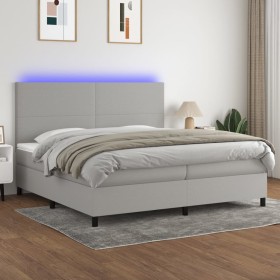 Cama box spring con colchón tela y LED gris claro 200x200 cm