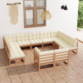 Set de muebles de jardín 11 pzs cojines madera pino marrón miel