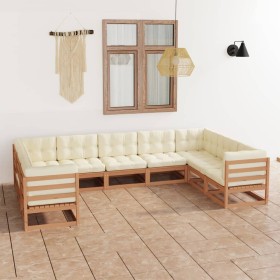 Set de muebles de jardín 9 pzs cojines madera pino marrón miel