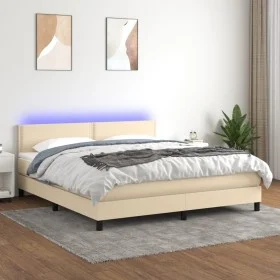 Box spring bed mattress and LED lights cream fabric 160x200 cm by , Beds and slatted bases - Ref: Foro24-3133090, Price: 496,...