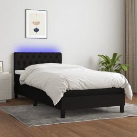 Cama box spring colchón y luces LED tela negro 100x200 cm