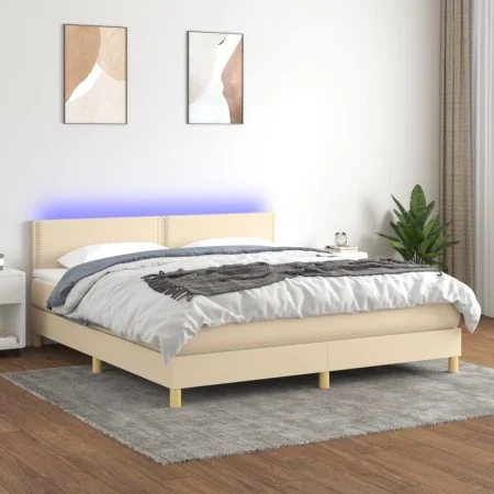 Box spring bed with mattress and LED cream fabric 180x200 cm by , Beds and slatted bases - Ref: Foro24-3133658, Price: 551,75...