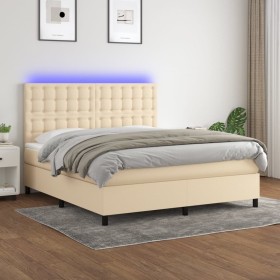 Cama box spring colchón y luces LED tela crema 180x200 cm