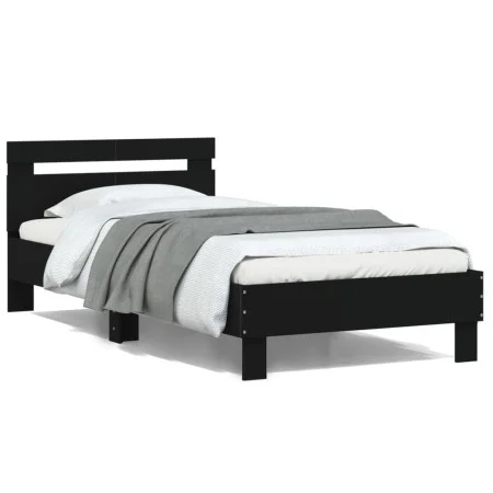 Bed frame with black engineered wood headboard 100x200 cm by , Beds and slatted bases - Ref: Foro24-838527, Price: 76,29 €, D...