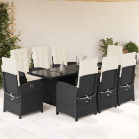 Set de comedor de jardín 9 pzas y cojines ratán sintético negro