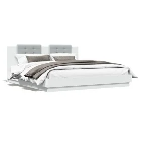 Bed frame with headboard and white LED lights 200x200 cm by , Beds and slatted bases - Ref: Foro24-3209982, Price: 286,84 €, ...
