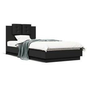 Bed frame with headboard and LED lights black 100x200 cm by , Beds and slatted bases - Ref: Foro24-3210025, Price: 176,72 €, ...