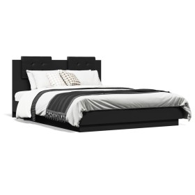 Estructura de cama con cabecero y luces LED negro 135x190 cm