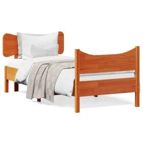 Bed frame with wax brown pine wood headboard 100x200 cm by , Beds and slatted bases - Ref: Foro24-3216389, Price: 166,68 €, D...