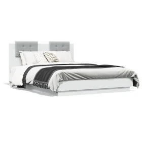 White engineered wood bed frame with headboard 135x190cm by , Beds and slatted bases - Ref: Foro24-3209954, Price: 167,95 €, ...