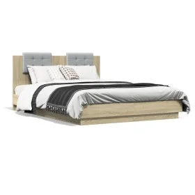 Sonoma oak engineered wood bed with headboard 120x200 cm by , Beds and slatted bases - Ref: Foro24-3209928, Price: 161,43 €, ...