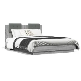 Bed frame with headboard LED lights Sonoma gray 135x190 cm by , Beds and slatted bases - Ref: Foro24-3210050, Price: 188,02 €...