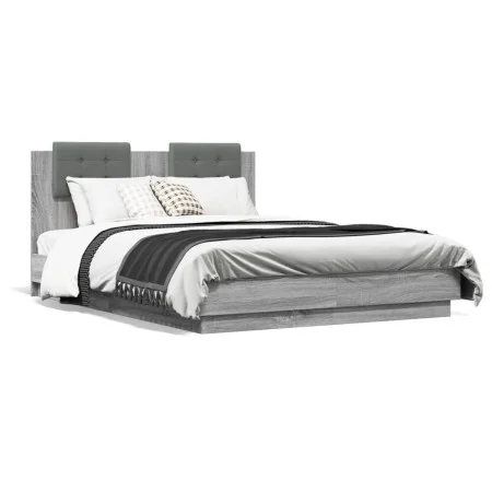 Bed frame with headboard LED lights Sonoma gray 135x190 cm by , Beds and slatted bases - Ref: Foro24-3210050, Price: 188,02 €...