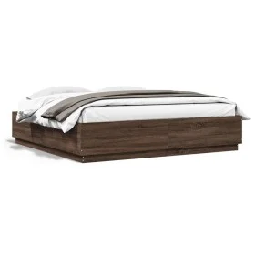 Bed frame with LED lights brown oak wood 200x200 cm by , Beds and slatted bases - Ref: Foro24-3209589, Price: 190,97 €, Disco...