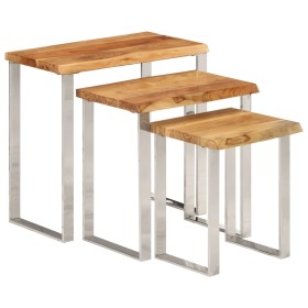 Set de 3 mesas apilables con borde natural madera maciza acacia
