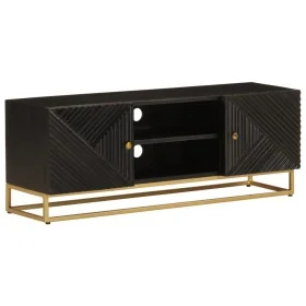 Solid mango wood and black iron TV cabinet 110x30x40 cm by , CD and DVD storage - Ref: Foro24-372027, Price: 187,19 €, Discou...