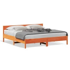 Bed frame with wax brown pine wood headboard 200x200 cm by , Beds and slatted bases - Ref: Foro24-3216211, Price: 209,45 €, D...