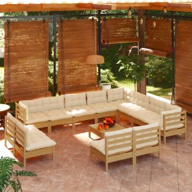 Muebles de jardín 13 pzas y cojines madera de pino marrón miel