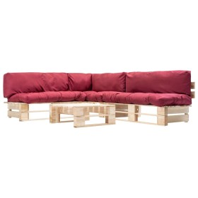 Garden pallet furniture with red cushions 4 pieces wood by vidaXL, Garden sets - Ref: Foro24-277489, Price: 415,67 €, Discoun...