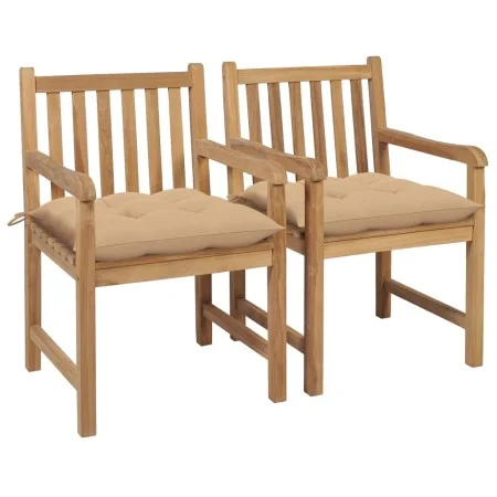 Sillas de jardín 2 uds madera maciza de teca con cojines beige de vidaXL, Sillas de jardín - Ref: Foro24-3062748, Precio: 301...