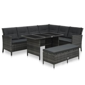 Set de muebles de jardín 3 pzas y cojines ratán sintético gris