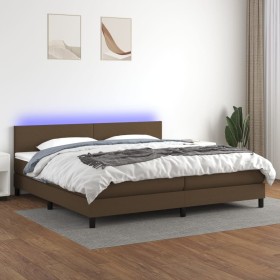 Cama box spring con colchón LED tela marrón oscuro 200x200 cm
