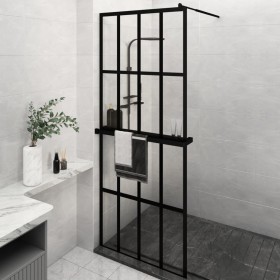 Mampara ducha con estante vidrio ESG y aluminio negro 80x195 cm