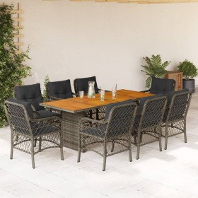 Set comedor jardín 9 pzas y cojines ratán sintético gris