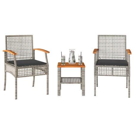 Beistelltisch und Stühle mit 3-teiligen Kissen aus PE-Rattan und Akazienholz in Grau. von vidaXL, Gartensets - Ref: Foro24-36...