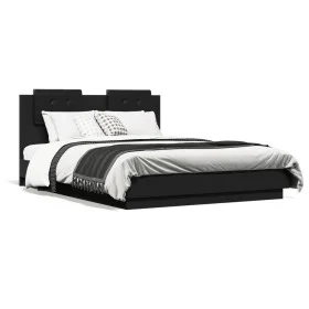 Bed frame with black engineered wood headboard 135x190 cm by vidaXL, Beds and slatted bases - Ref: Foro24-3209955, Price: 176...
