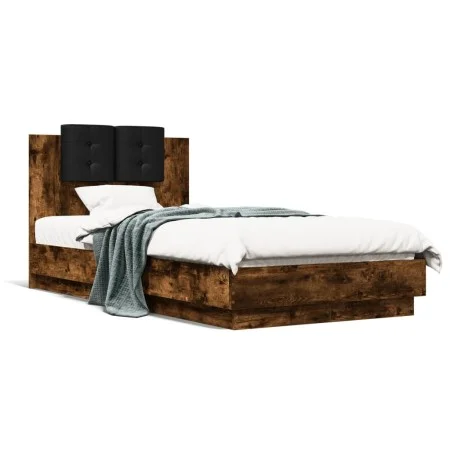Bed frame headboard LED lights smoked oak 75x190 cm by vidaXL, Beds and slatted bases - Ref: Foro24-3210070, Price: 157,84 €,...