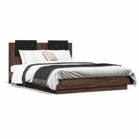 Estructura cama con cabecero luces LED roble Sonoma 135x190 cm