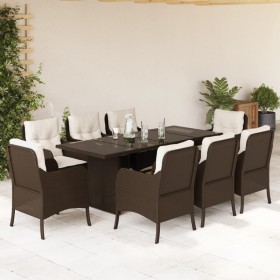 Set comedor para jardín 9 pzas y cojines ratán sintético marrón