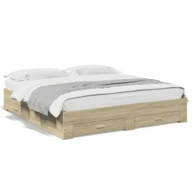 Sonoma oak engineered wood bed with drawers 200x200 cm by vidaXL, Beds and slatted bases - Ref: Foro24-3280358, Price: 216,36...