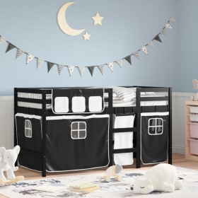 Cama alta niños con cortinas madera pino blanco negro 80x200 cm