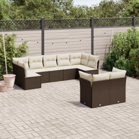 Set de sofás de jardín 9 pzas y cojines ratán sintético marrón