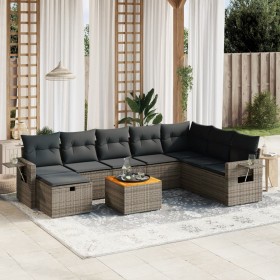 Set de muebles de jardín 9 pzas y cojines ratán sintético gris