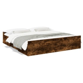 Smoked oak engineered wood bed with drawers 200x200 cm by vidaXL, Beds and slatted bases - Ref: Foro24-3280269, Price: 184,19...