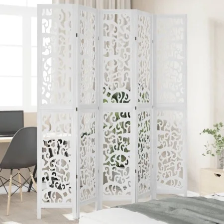 Biombo separador de 5 paneles madera maciza Paulownia blanco de vidaXL, Divisores de ambientes - Ref: Foro24-358744, Precio: ...