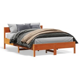 Estructura cama con cabecero madera pino marrón cera 135x190 cm