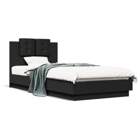 Bed frame with black engineered wood headboard 90x200 cm by vidaXL, Beds and slatted bases - Ref: Foro24-3209941, Price: 149,...