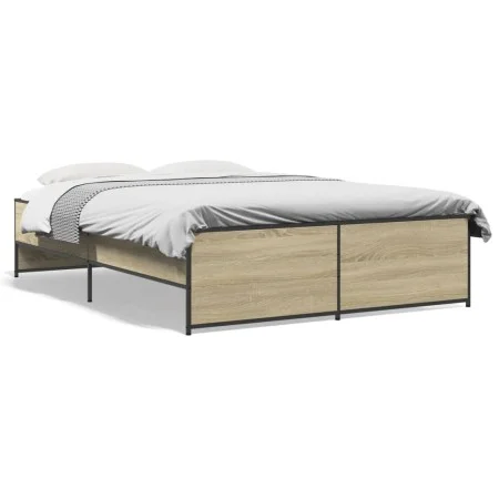 Sonoma oak metal engineered wood bed frame 135x190 cm by vidaXL, Beds and slatted bases - Ref: Foro24-3279903, Price: 132,37 ...