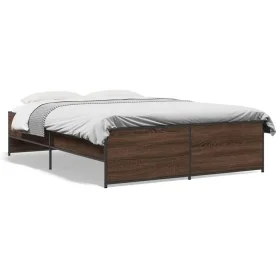 Oak brown metal engineered wood bed frame 140x190 cm by vidaXL, Beds and slatted bases - Ref: Foro24-3279901, Price: 138,47 €...